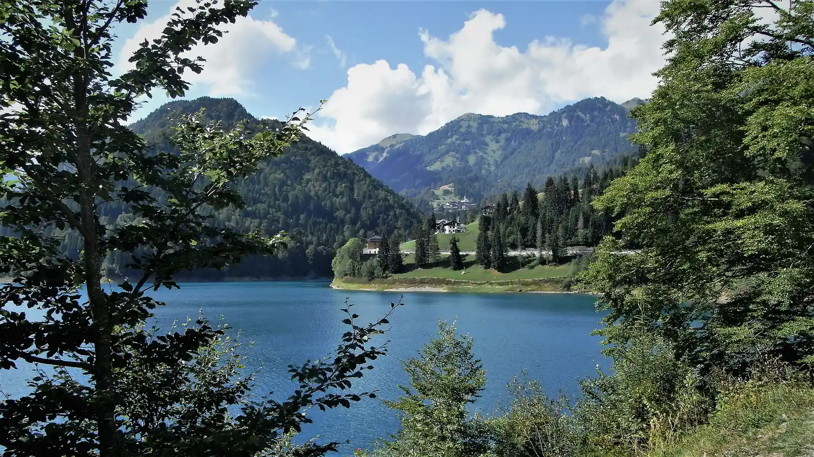 The blue Lake Sauris framed by branches, with forest, a meadow with a few houses on the shore and mountains