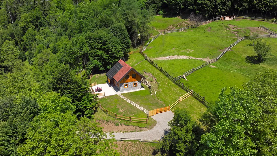Pogled iz zraka: koča na travniku med gozdovi, terasa, pot iz plošč, ograje in makadamska cesta