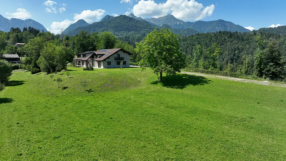 The house beyond the meadow, with the large solitary tree and the mountains